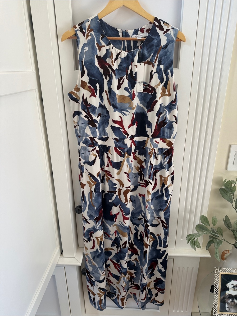 Chico's Sleeveless Maxi Dress in White with Blue, Brown & Red Abstract Print